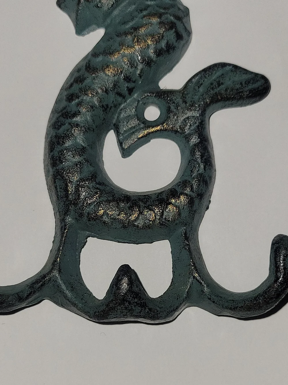 Vintage Cast Iron Mermaid Wall Hook in Teal-Green